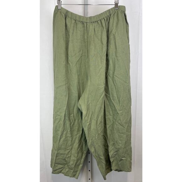 FLAX 100% Linen Wide Leg High Rise Crop Pants Pockets Pull On Green 3X 3G Plus - Picture 1 of 8